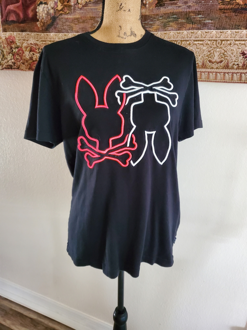 Psycho Bunny Twin Bunny Embroidered Tee Mens 4 S Black Pima Cotton